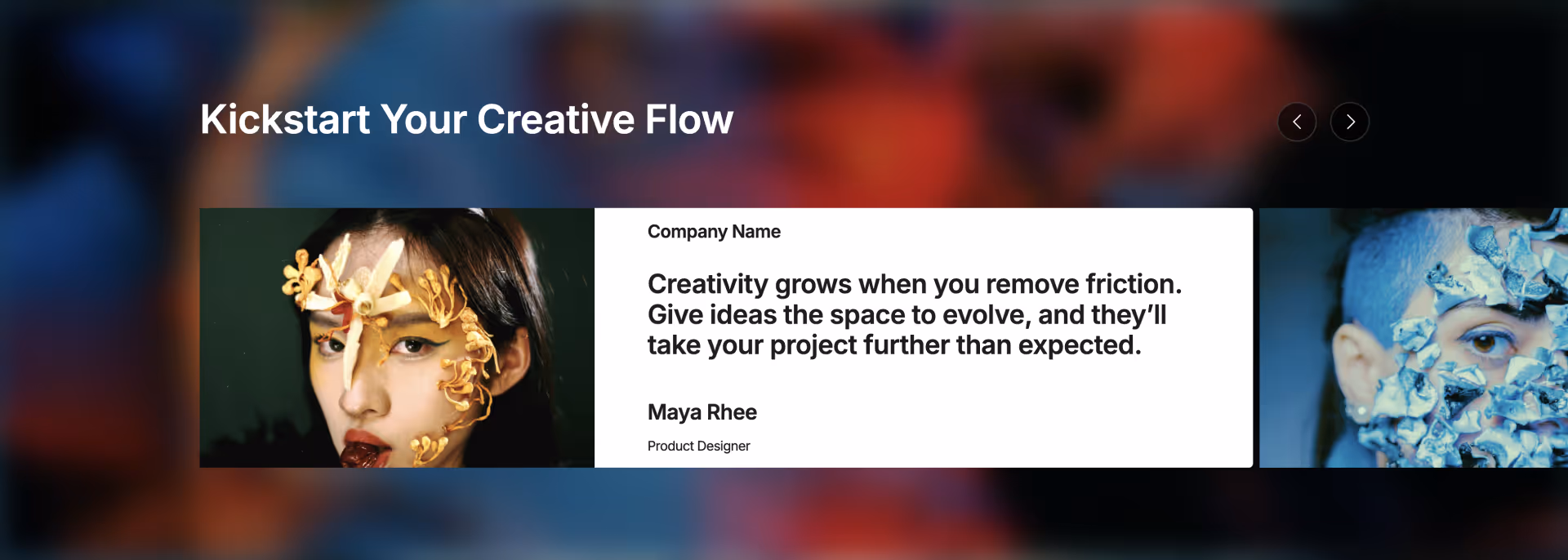 Webflow component with a testimonial slider showing images, company name, quote, and author details in a modern card layout