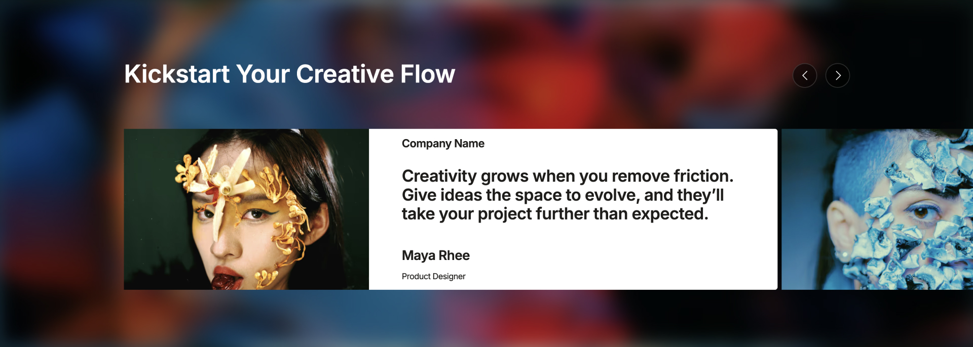 Webflow component with a testimonial slider showing images, company name, quote, and author details in a modern card layout