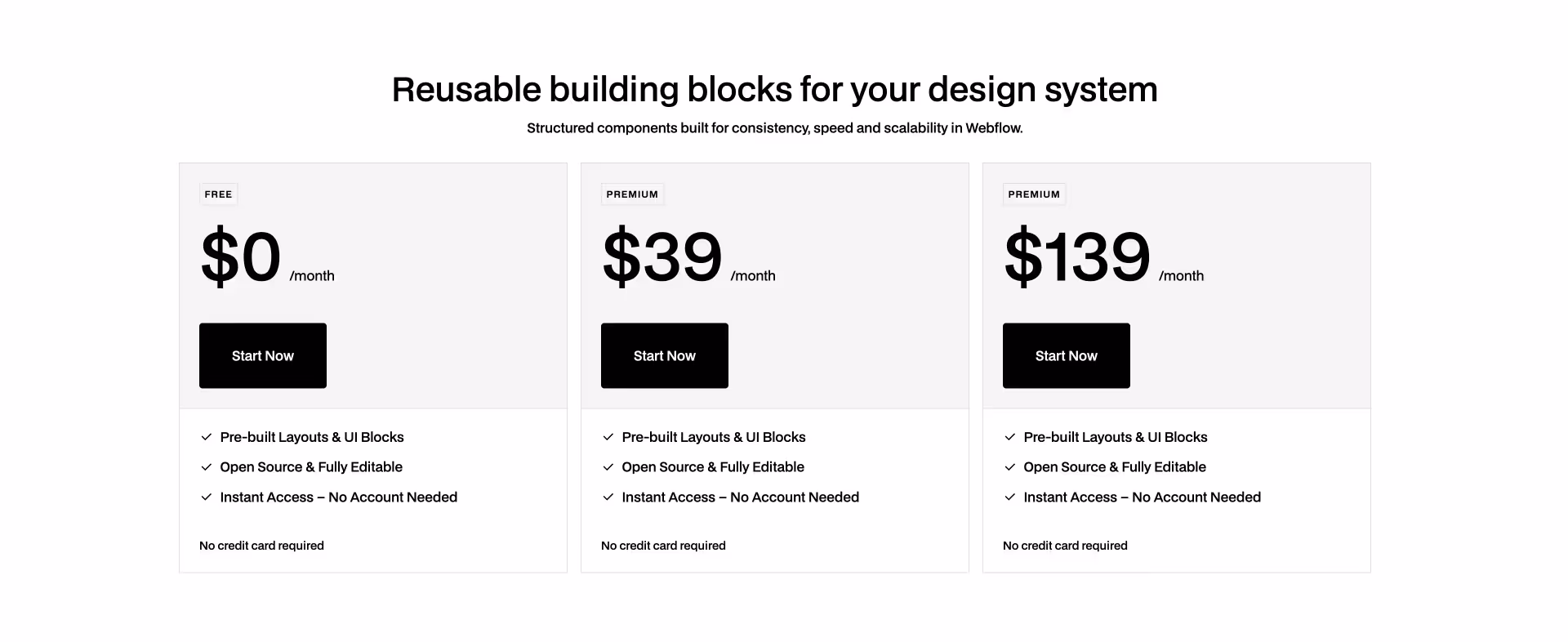 Three-column pricing Webflow component