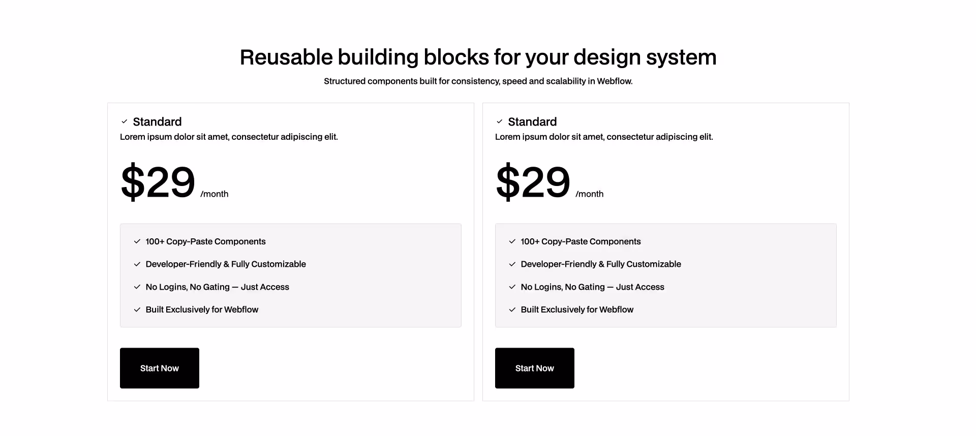 Pricing Webflow component with comparison features