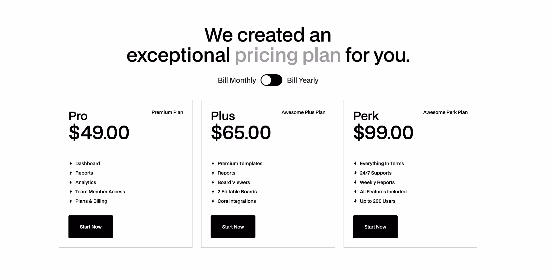 Pricing 6 Webflow component featuring three subscription plans — Pro ($49), Plus ($65), and Perk ($99) — with feature comparisons and a toggle for monthly or yearly billing.