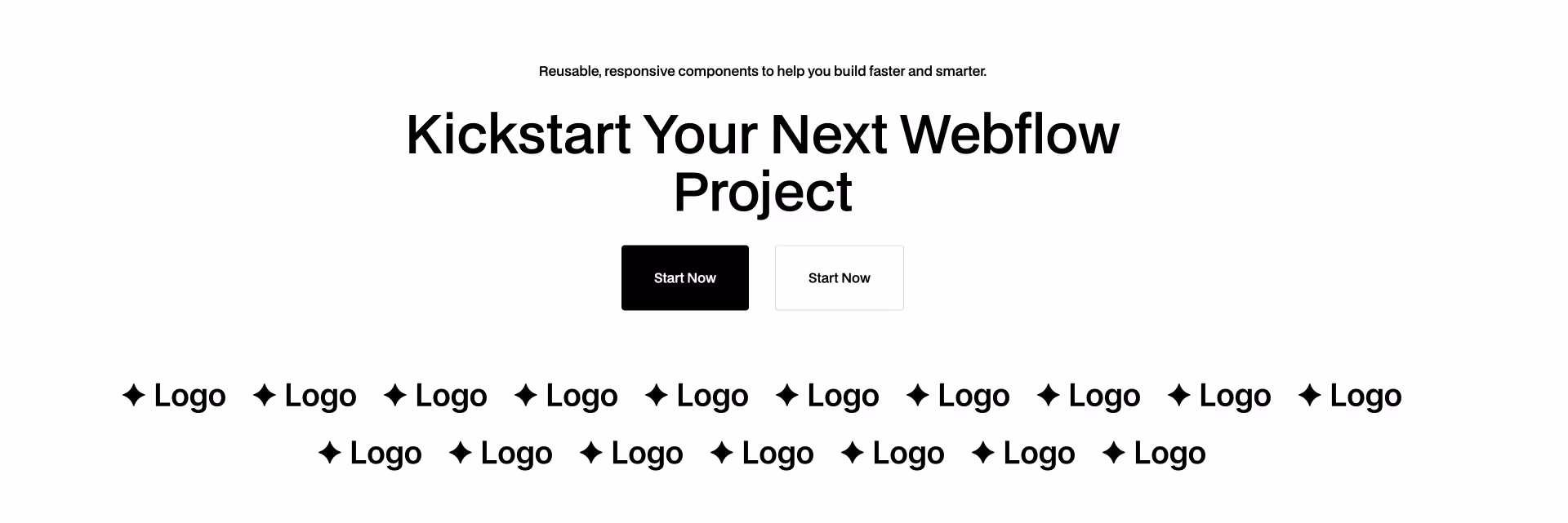 Hero section Webflow component with headline "Kickstart Your Next Webflow Project", call-to-action buttons, and repeated logo icons