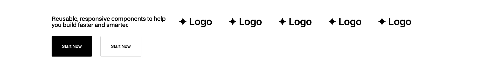 Text block with the phrase ‘Reusable, responsive components to help you build faster and smarter’ followed by a horizontal row of four black sparkle icons labeled ‘ICON