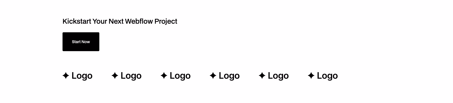 Hero section with left-aligned headline ‘Kickstart Your Next Webflow Project’, a button labeled ‘Explore Components’, and a centered row of black sparkle icons labeled ‘ICON’