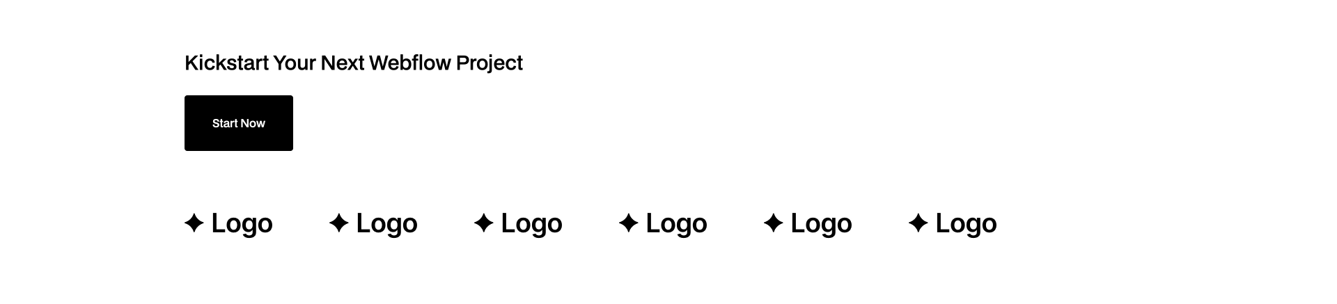 Hero section with left-aligned headline ‘Kickstart Your Next Webflow Project’, a button labeled ‘Explore Components’, and a centered row of black sparkle icons labeled ‘ICON’