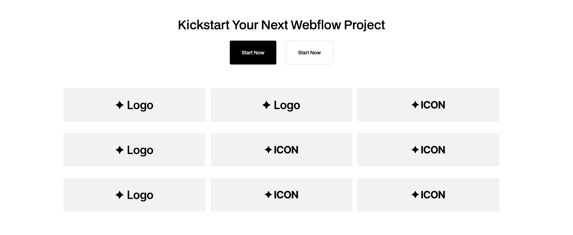Webflow components hero with headline, dual CTA buttons, and a 3x3 icon grid