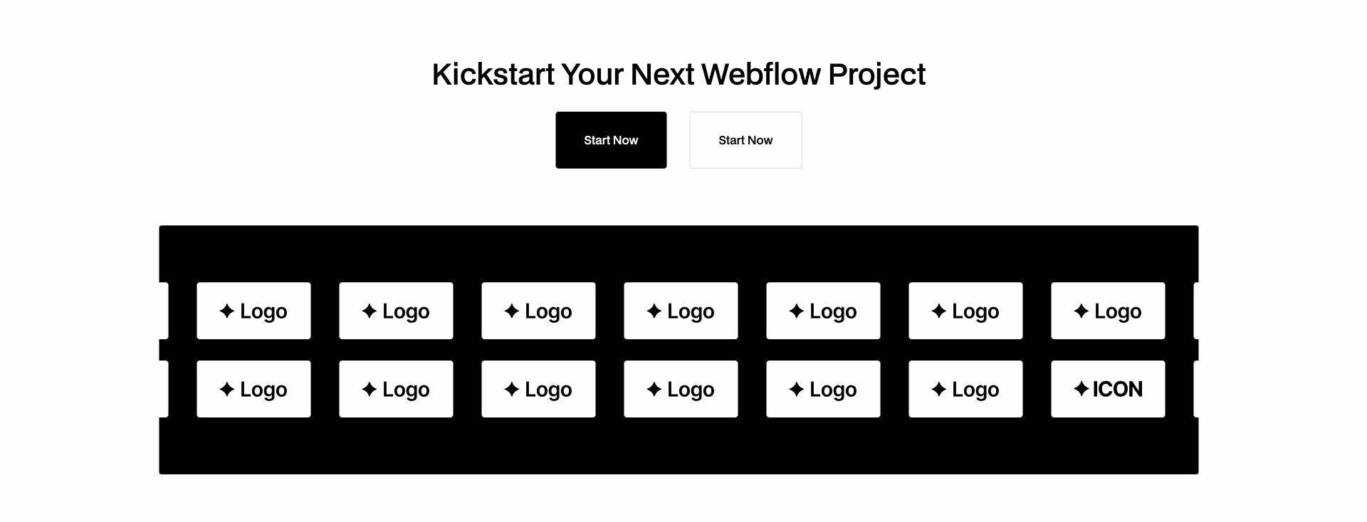 Interactive Webflow components hero with CTA buttons and a black background logo slider featuring animated icon cards in a horizontal layout
