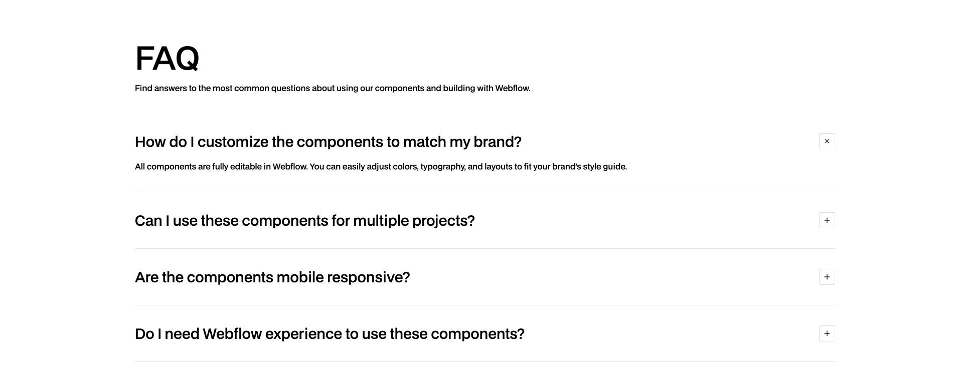 FAQ Webflow component with toggles and clean layout