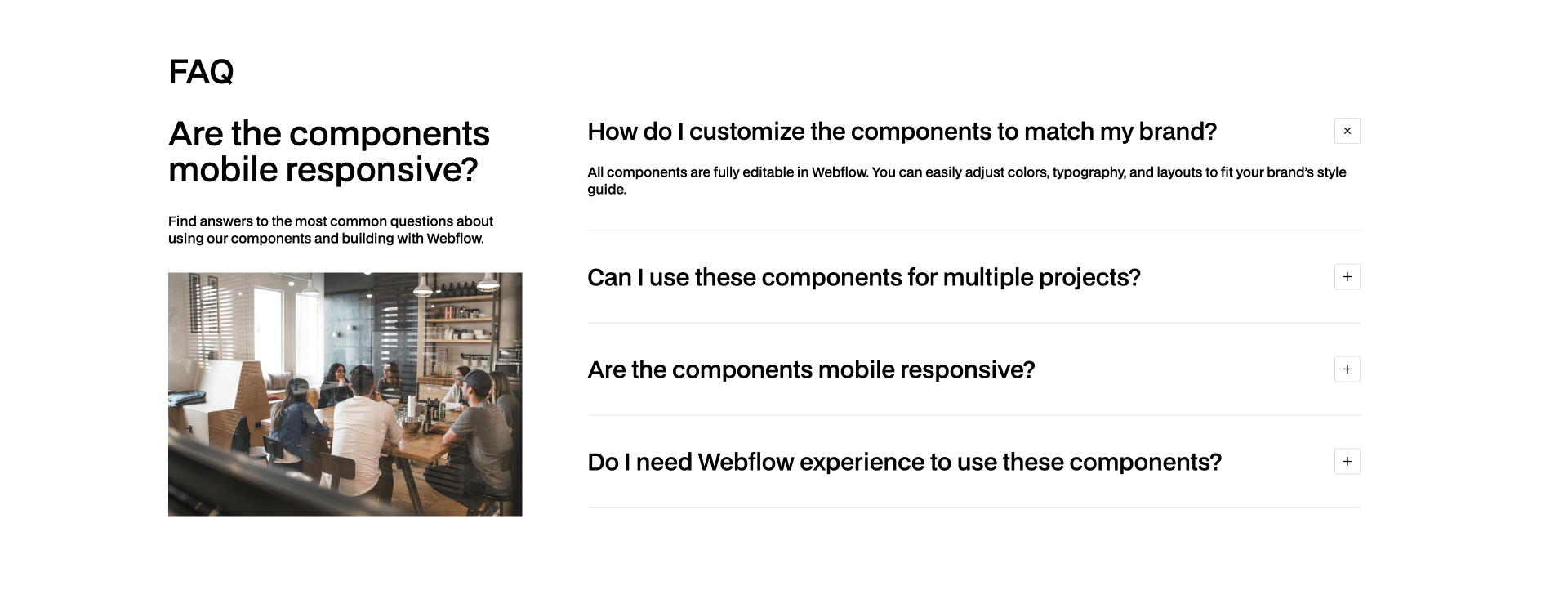 FAQ Webflow component with toggles and clean layout