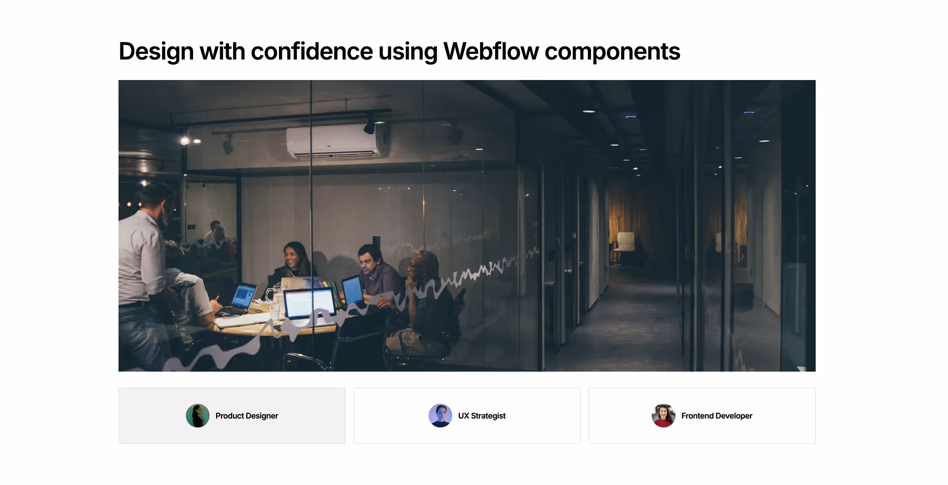 Tabs Webflow Component showcasing roles like Product Designer, UX Strategist, and Frontend Developer — switchable testimonial or content display under a centered image block