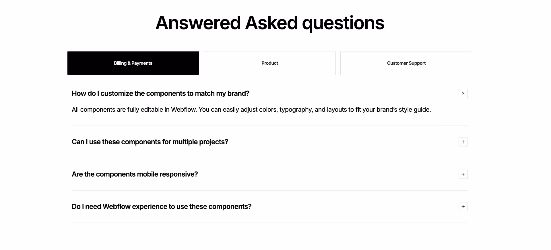 Tabbed FAQ section with categories for billing, product, and customer support, featuring expandable accordion questions and answers in a clean minimal layout