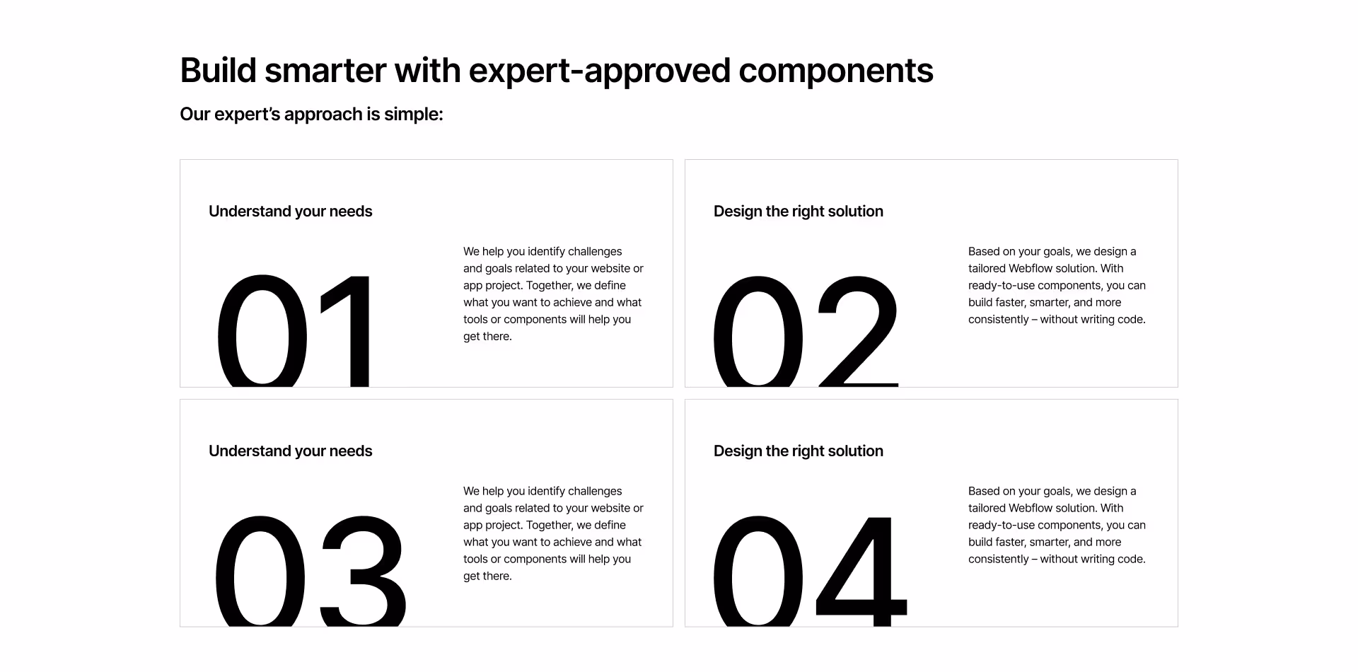 Step-by-step Webflow component with numbered process blocks explaining expert-approved website building — including ‘Understand your needs’ and ‘Design the right solution