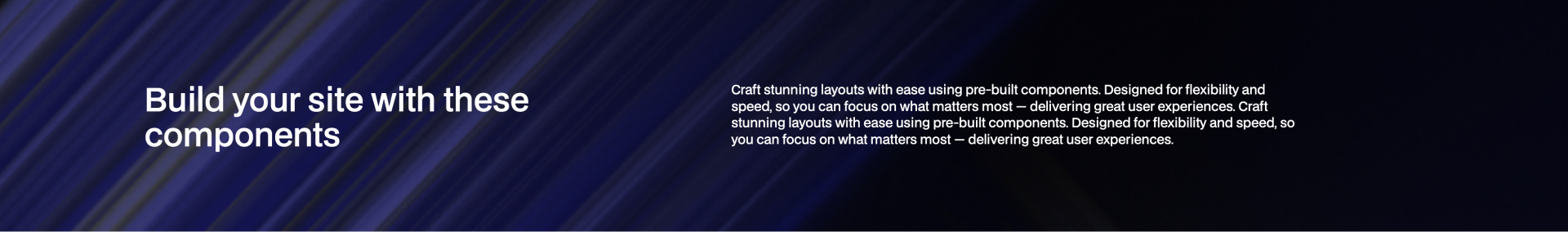 Header 14 Webflow component with dark background, bold left-aligned headline, overlaid image icon, and descriptive text on the right.