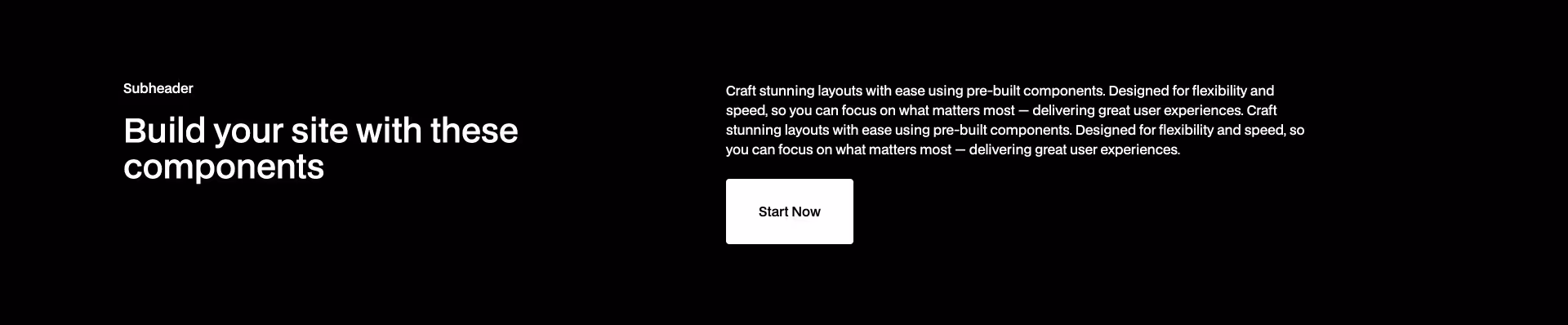 Header 13 Webflow component with dark background, bold headline, subheader, description text, and two CTA buttons