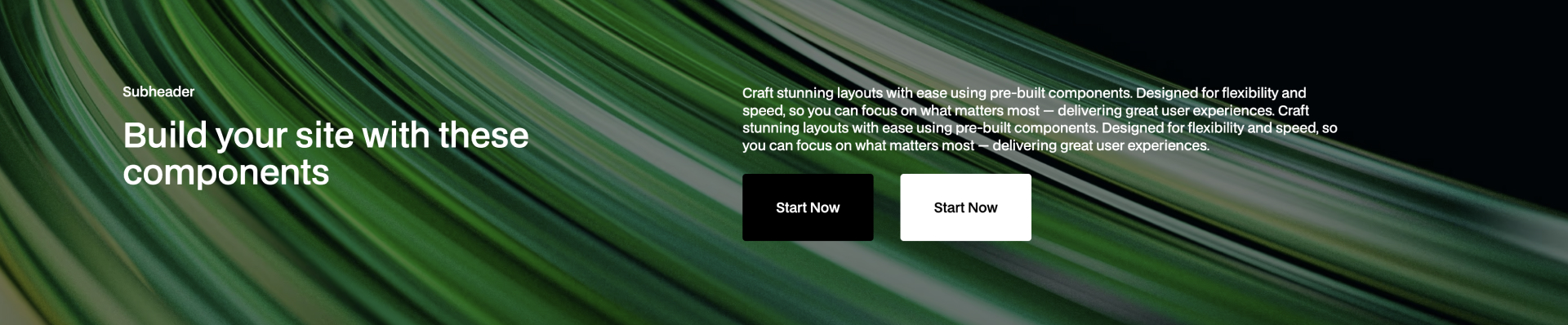 Header 12 Webflow component with large headline, subtext, image and dual CTA buttons on dark background.