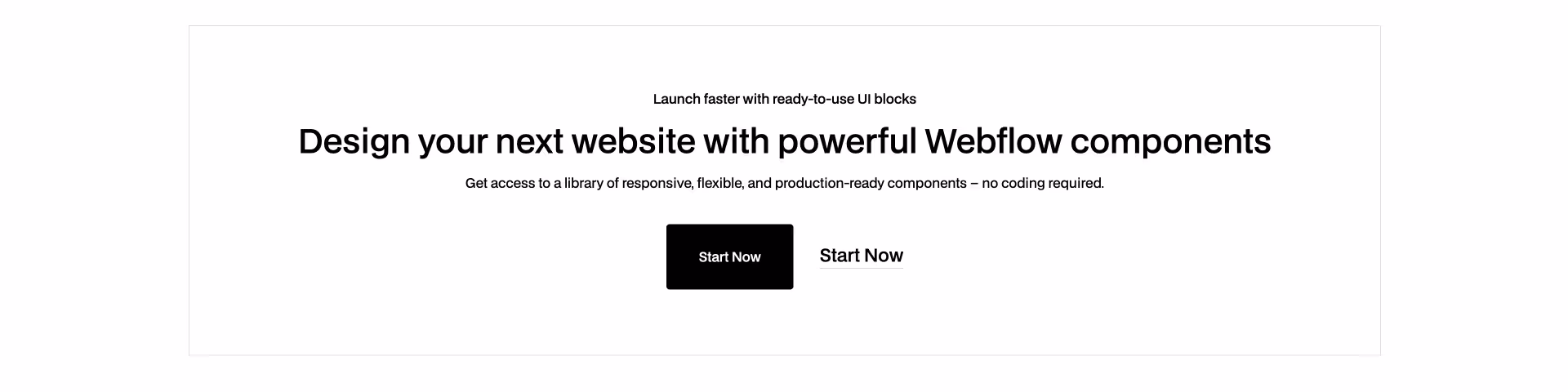Header 16 Webflow component with bold central headline, subheader about UI blocks, and two call-to-action buttons: Start Now and Try It Free