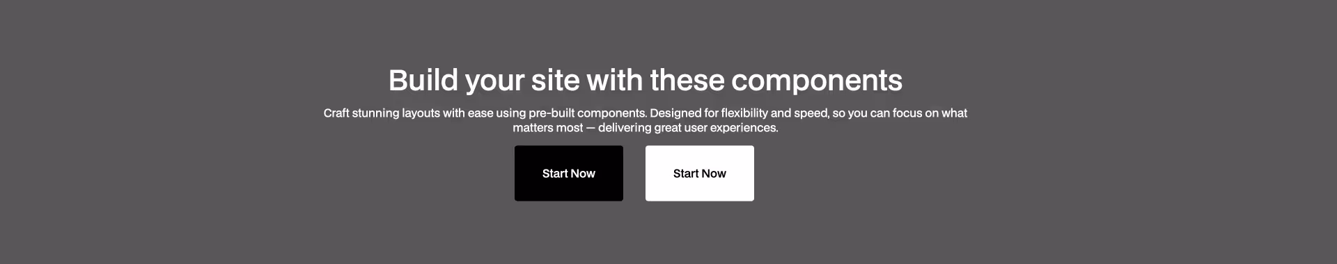 Header 20 Webflow component with white headline, subtext, and two CTA buttons on a solid dark grey background