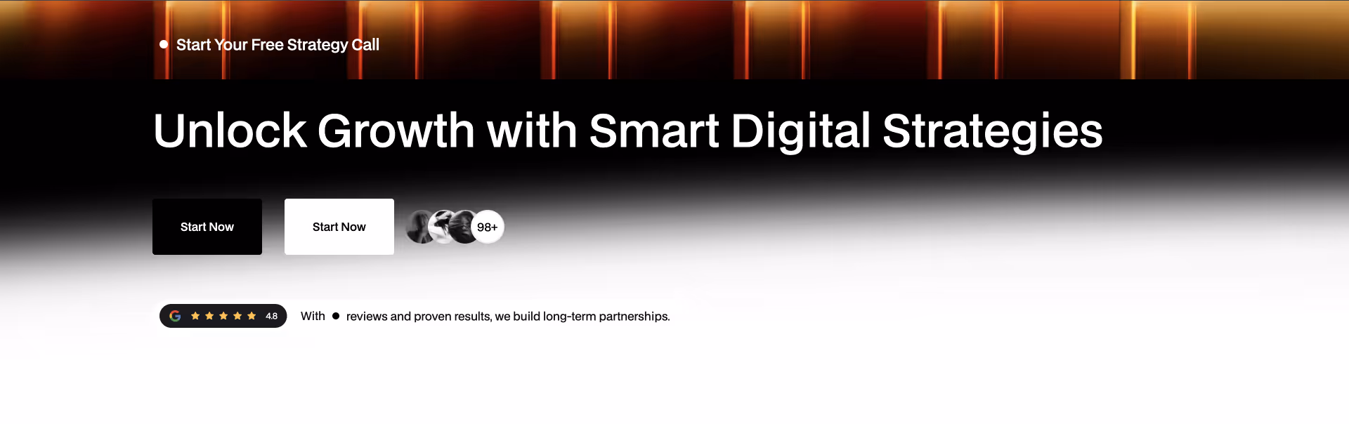 Hero Webflow component with bold headline ‘Unlock Growth with Smart Digital Strategies’ on a black-to-white gradient background, CTA button ‘Let’s Talk’, review icons