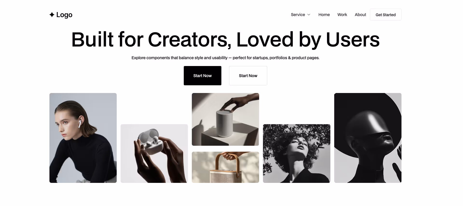 Hero section with headline, CTA buttons, and modern product image gallery.