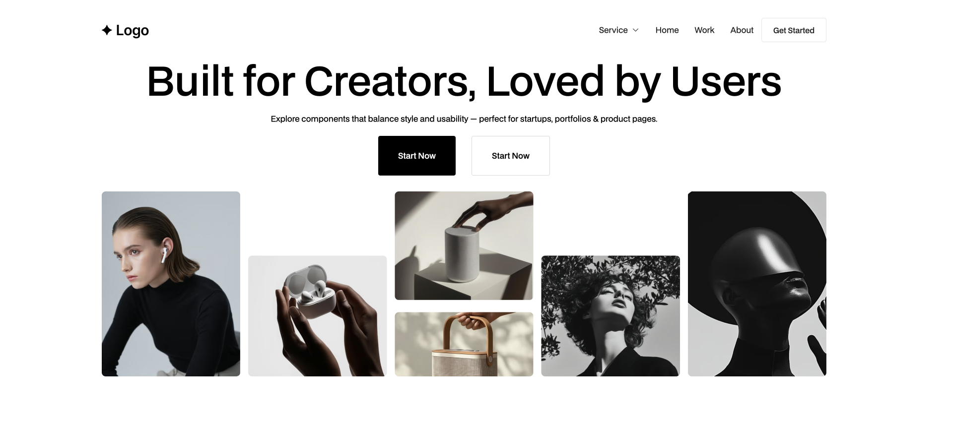 Hero section with headline, CTA buttons, and modern product image gallery.