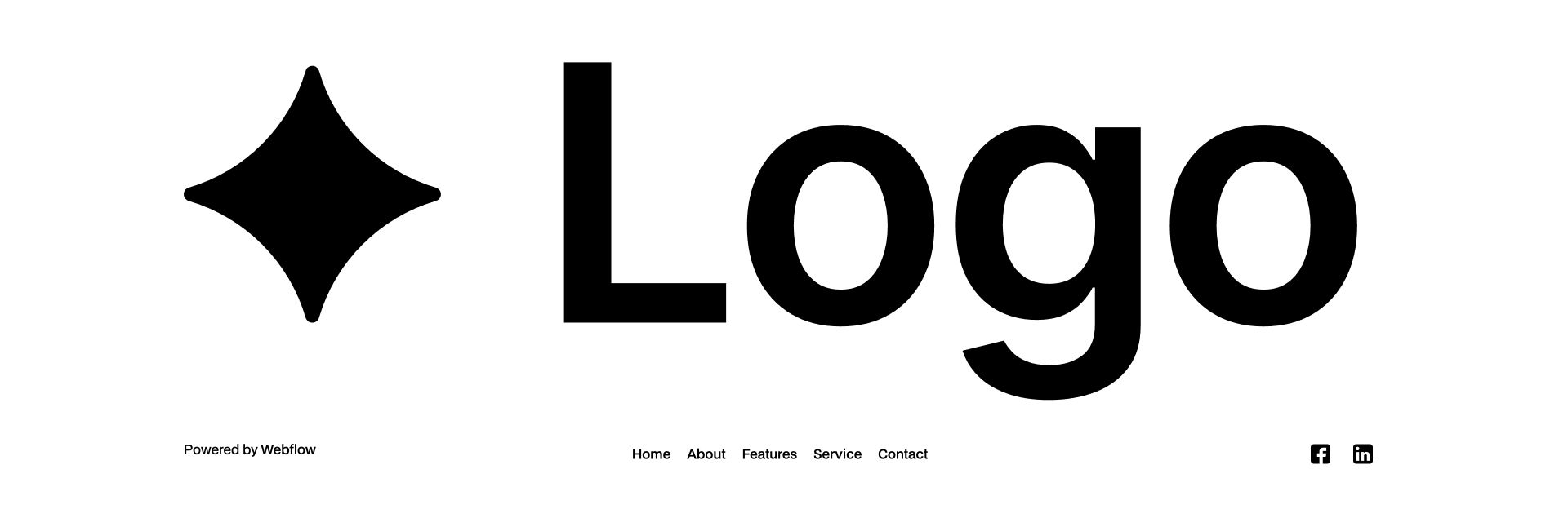 Footer with large ICON logo, minimalist navigation menu (Home, About, Features, Service, Contact), “Powered by Webflow” text on the left, and Facebook and LinkedIn icons on the right. Clean and centered layout