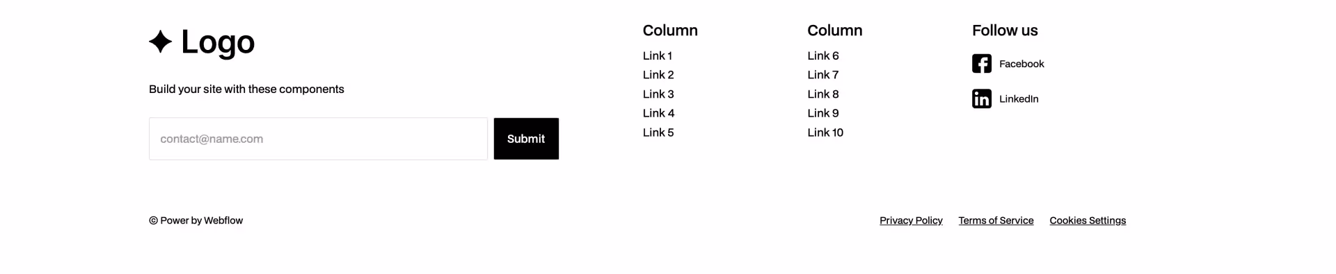 Webflow footer component with email sign-up, navigation columns, social media links (Facebook, LinkedIn), and legal links (Privacy Policy, Terms of Service, Cookie Settings)