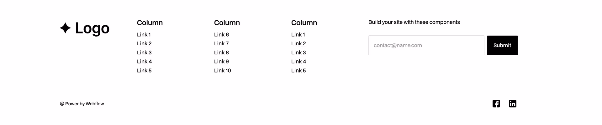 Webflow footer component with email sign-up, navigation columns, social media links (Facebook, LinkedIn), and legal links (Privacy Policy, Terms of Service, Cookie Settings)