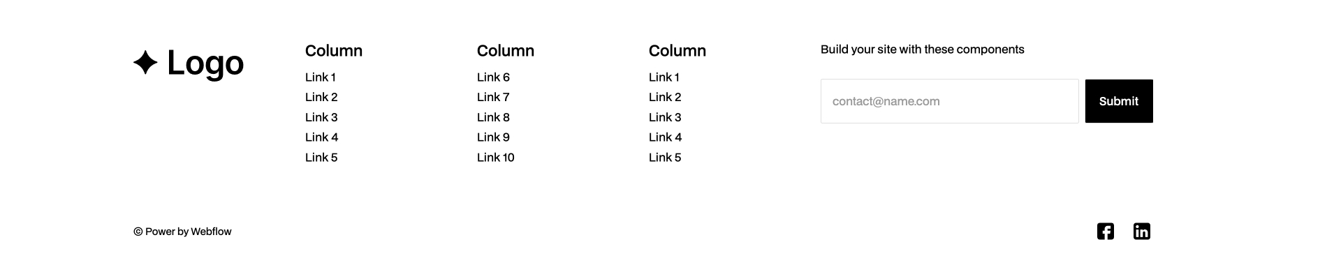 Webflow footer component with email sign-up, navigation columns, social media links (Facebook, LinkedIn), and legal links (Privacy Policy, Terms of Service, Cookie Settings)