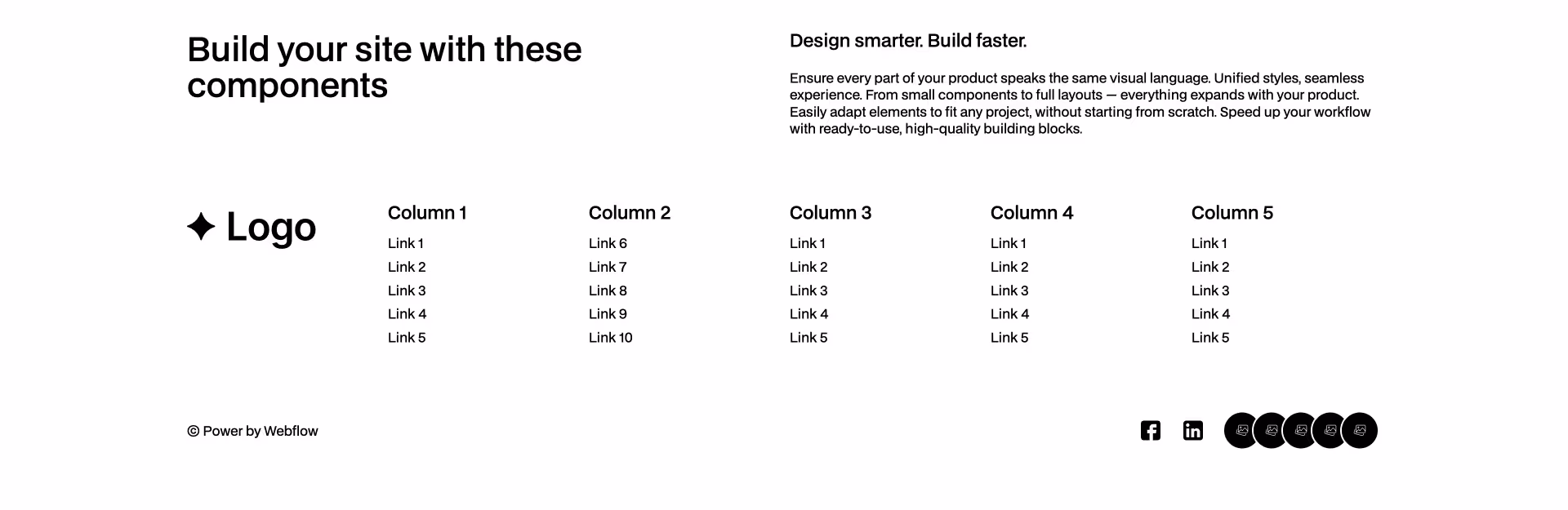 Webflow footer component featuring logo, headline, description, five link columns, and social media icons including Facebook and LinkedIn.