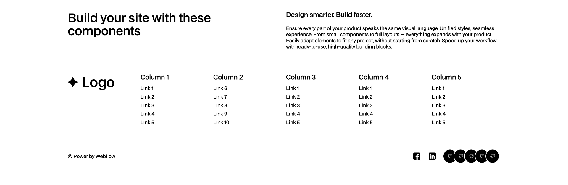 Webflow footer component featuring logo, headline, description, five link columns, and social media icons including Facebook and LinkedIn.