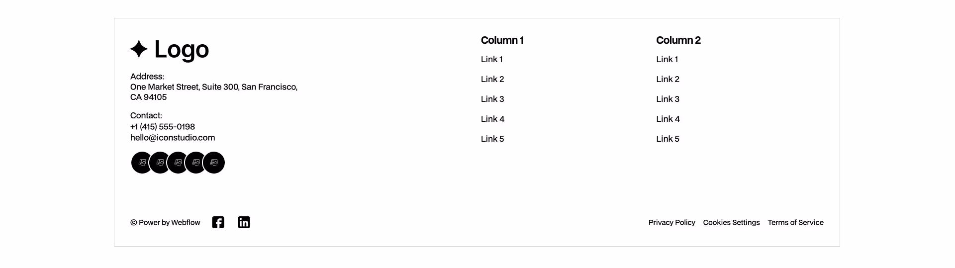 Footer Webflow Component with company logo, address and contact info on the left, two link columns in the center, and social media icons and policy links at the bottom