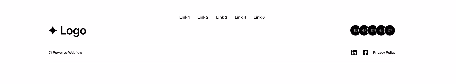Minimal Webflow footer component with logo on the left, centered navigation links, social media icons on the right, and a lower row featuring Webflow attribution, LinkedIn, Facebook, and Privacy Policy link