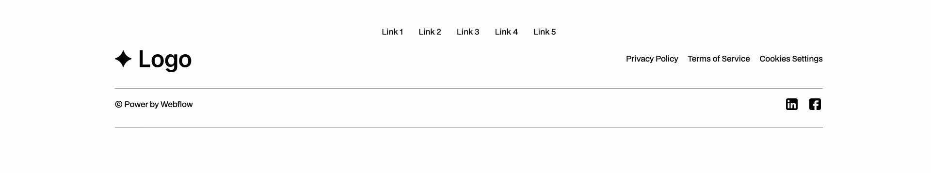 Minimalist footer Webflow component with centered navigation links, brand logo, social media icons, and legal links