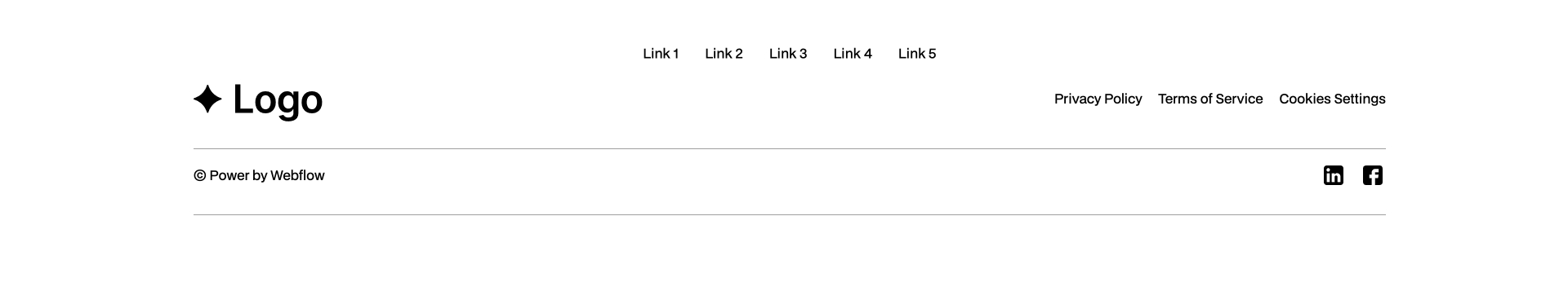 Minimalist footer Webflow component with centered navigation links, brand logo, social media icons, and legal links