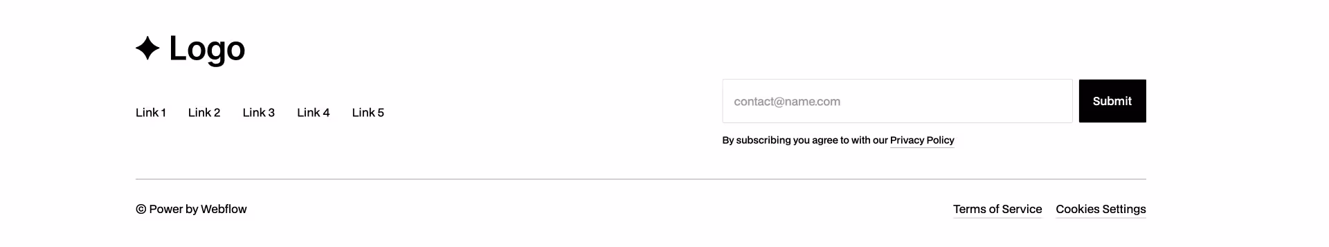 Clean footer Webflow component with centered logo, navigation links, newsletter signup form, and legal links