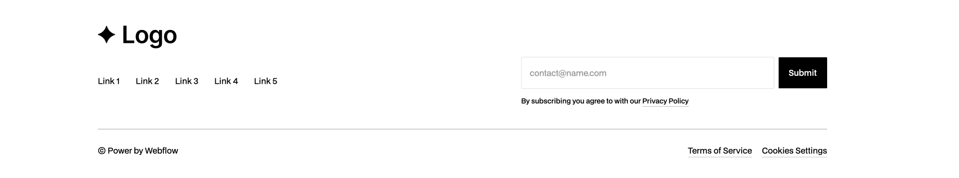 Clean footer Webflow component with centered logo, navigation links, newsletter signup form, and legal links