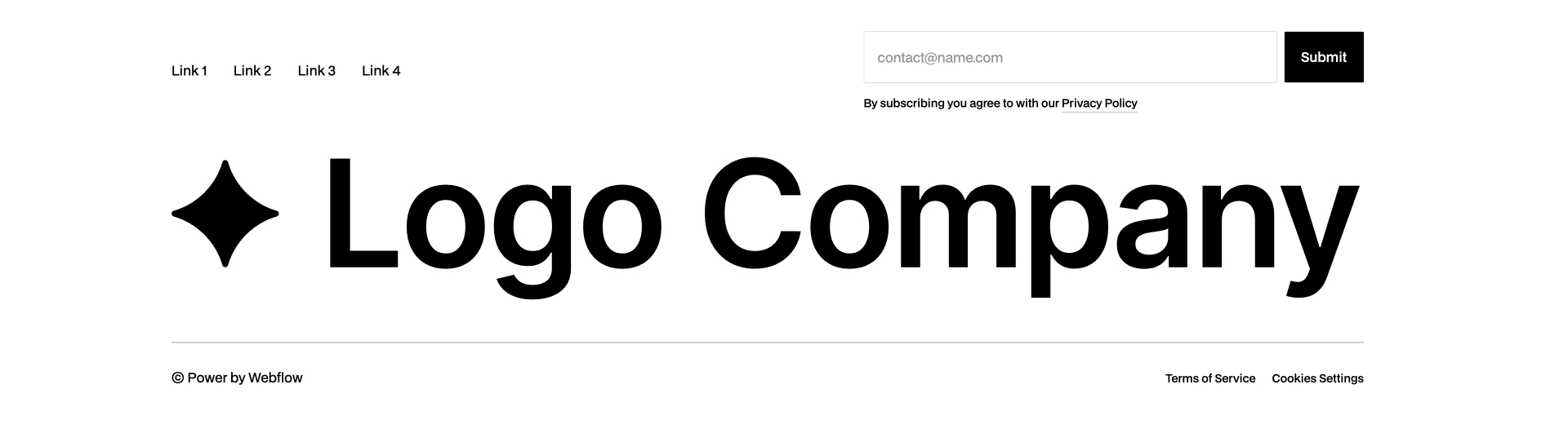 Modern Webflow footer component with top navigation, email subscription form, large logo area, and legal links