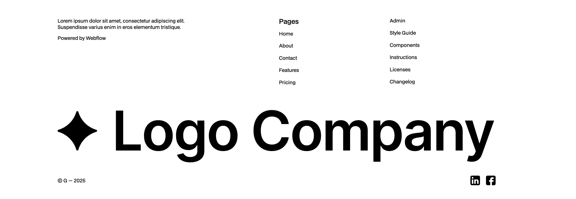 Large Webflow footer component with three-column layout, navigation links, company logo, description text, and social media icons