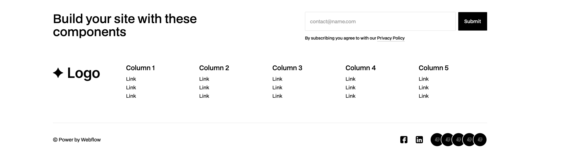 Modern Webflow footer component with five-column link layout, company logo, headline text, email subscription form, and social media icon