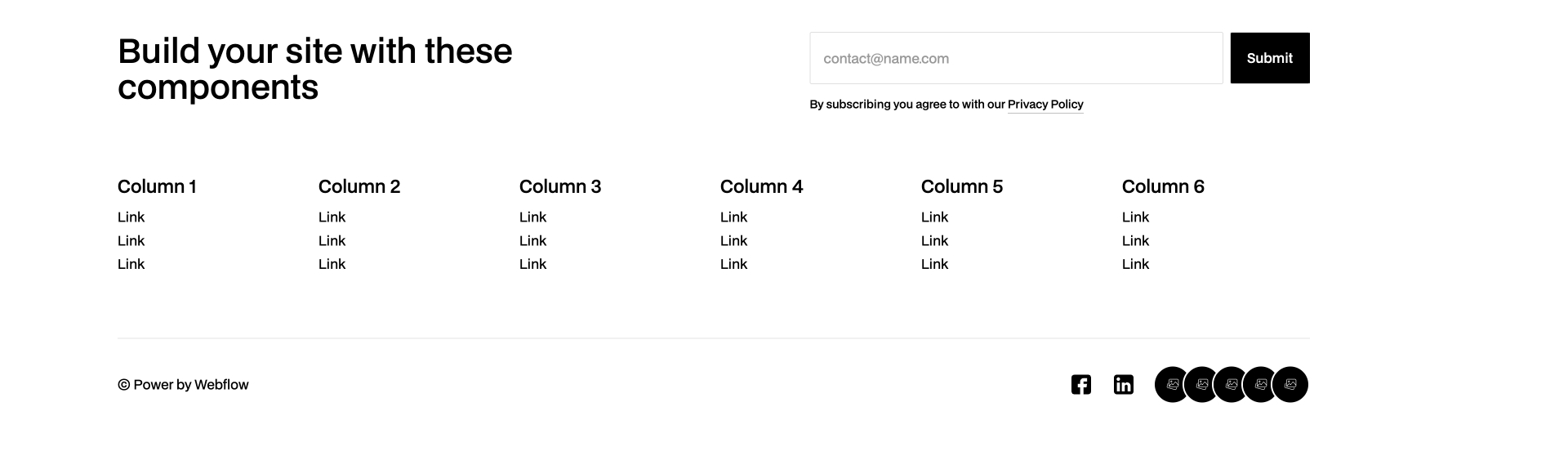Advanced Webflow footer component with six-column layout, bold headline, email subscription form, and social media icons