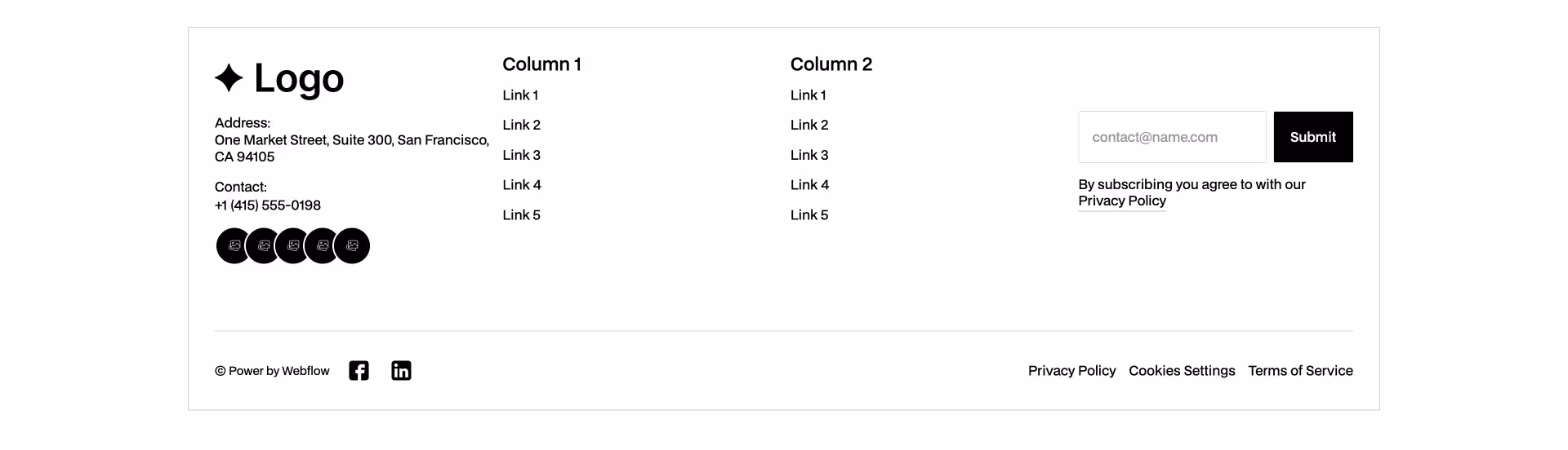 Webflow component footer with logo, address, contact info, two navigation columns, email subscription form, and social icons.