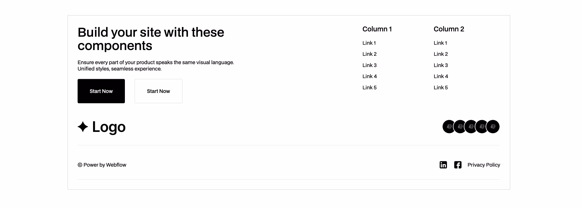 Webflow component footer with headline, CTA buttons, description text, navigation links in two columns, logo, and social media icons