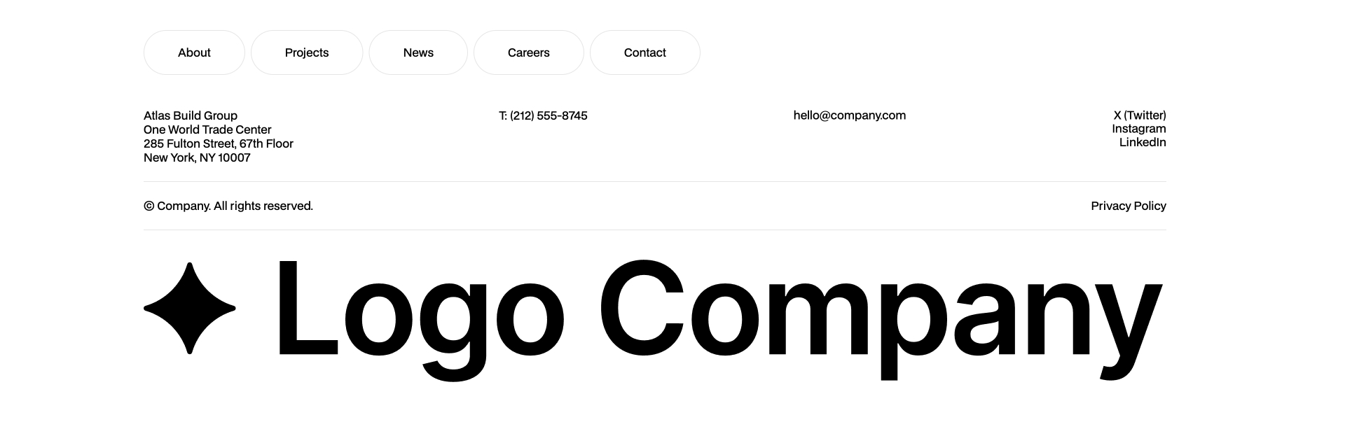 Minimalist footer Webflow component with navigation menu, contact details, email, social media links (Twitter, Instagram, LinkedIn), company address, and large centered logo