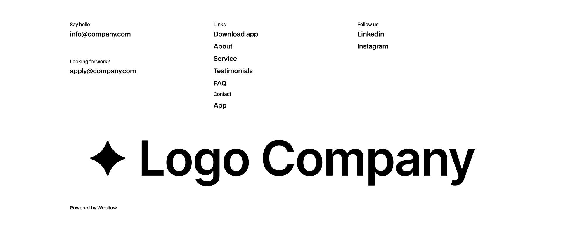 Minimalist footer Webflow component with navigation menu, contact details, email, social media links (Twitter, Instagram, LinkedIn), company address, and large centered logo