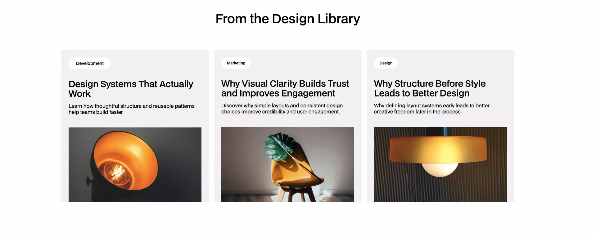 Two dark Webflow cards with image icons, title, and arrow button, highlighting fast and clean UI building