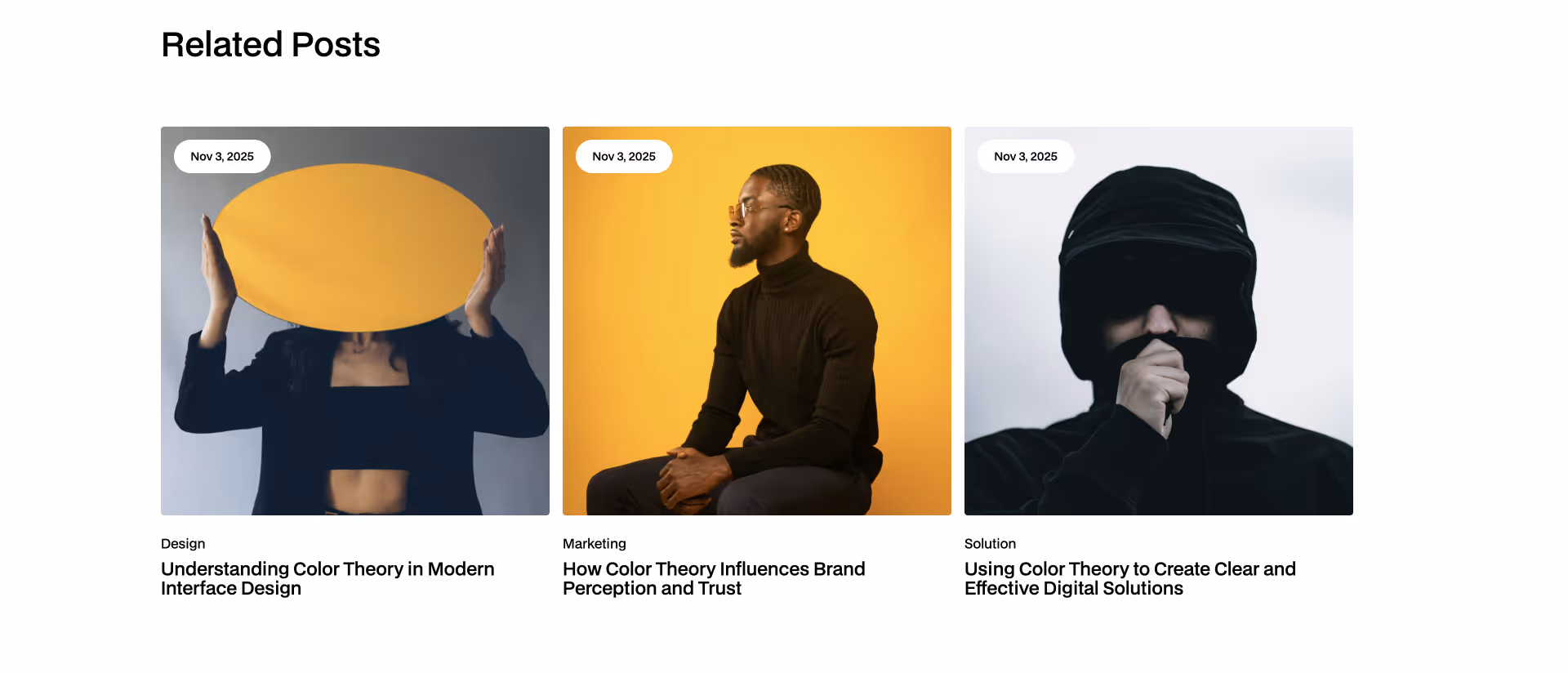 Webflow component showing a related posts section with three blog cards, featured images, publication dates, categories, and post titles in a clean grid layout.