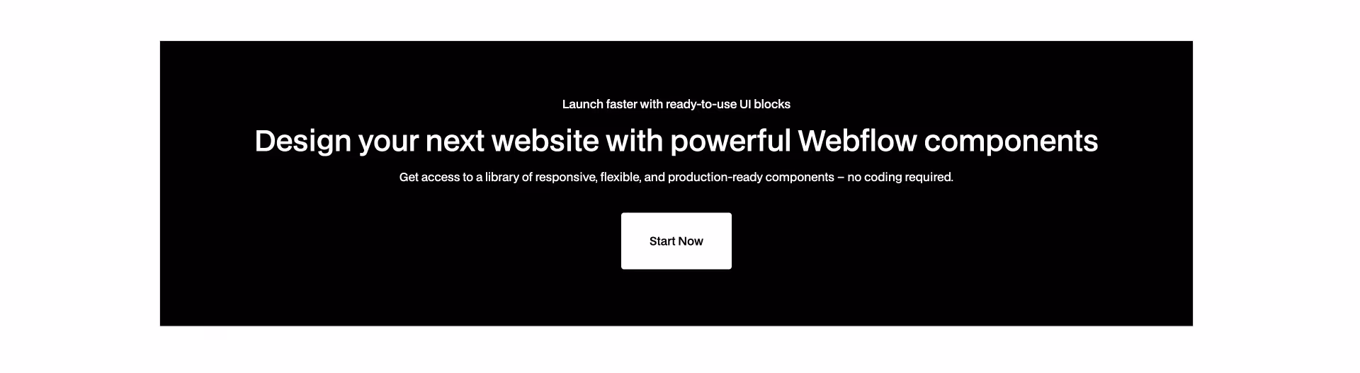 Hero section with a bold headline promoting powerful Webflow components, supporting text about responsive and no-code blocks, and two call-to-action buttons: “Start