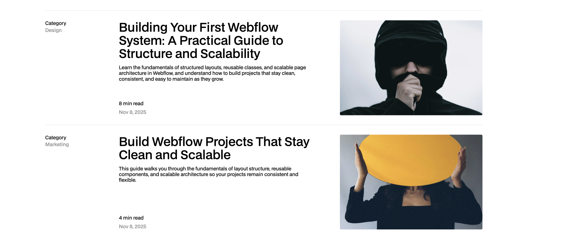 Two dark Webflow cards with image icons, title, and arrow button, highlighting fast and clean UI building