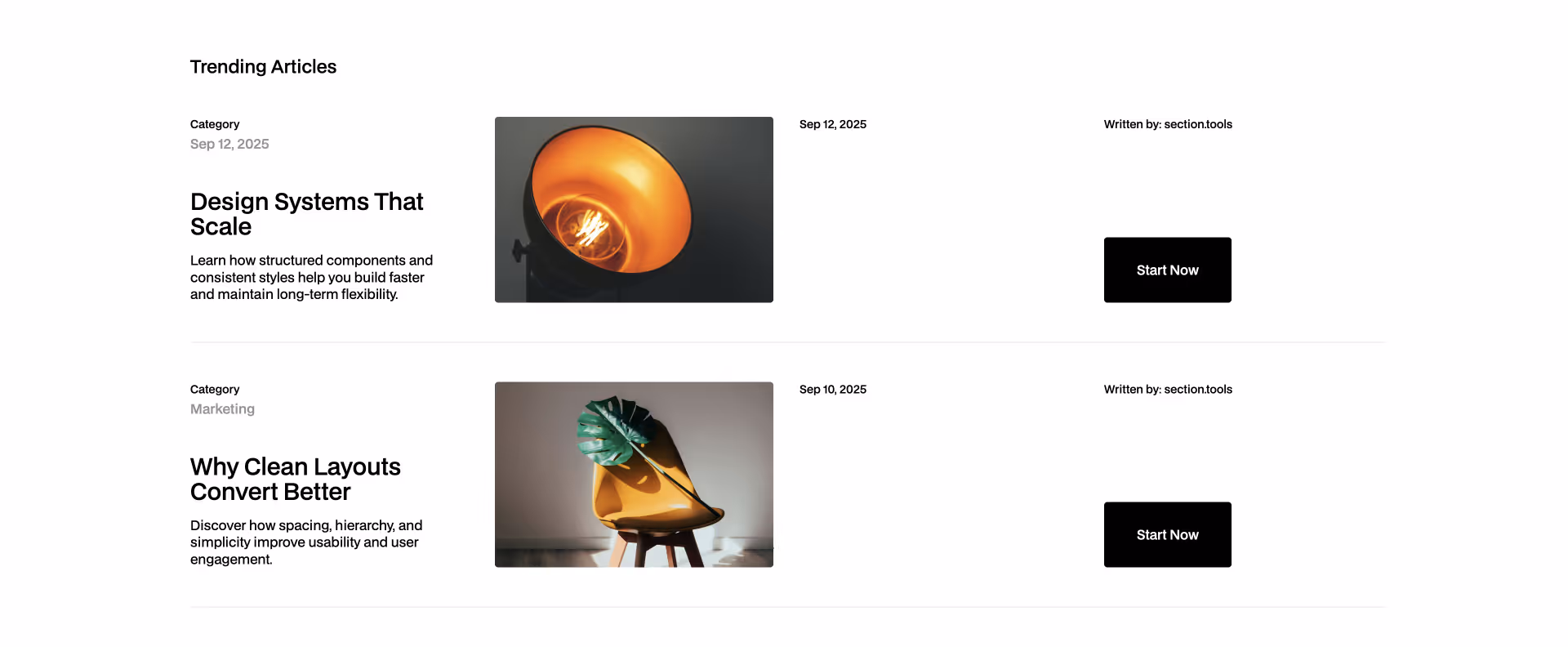 Two dark Webflow cards with image icons, title, and arrow button, highlighting fast and clean UI building