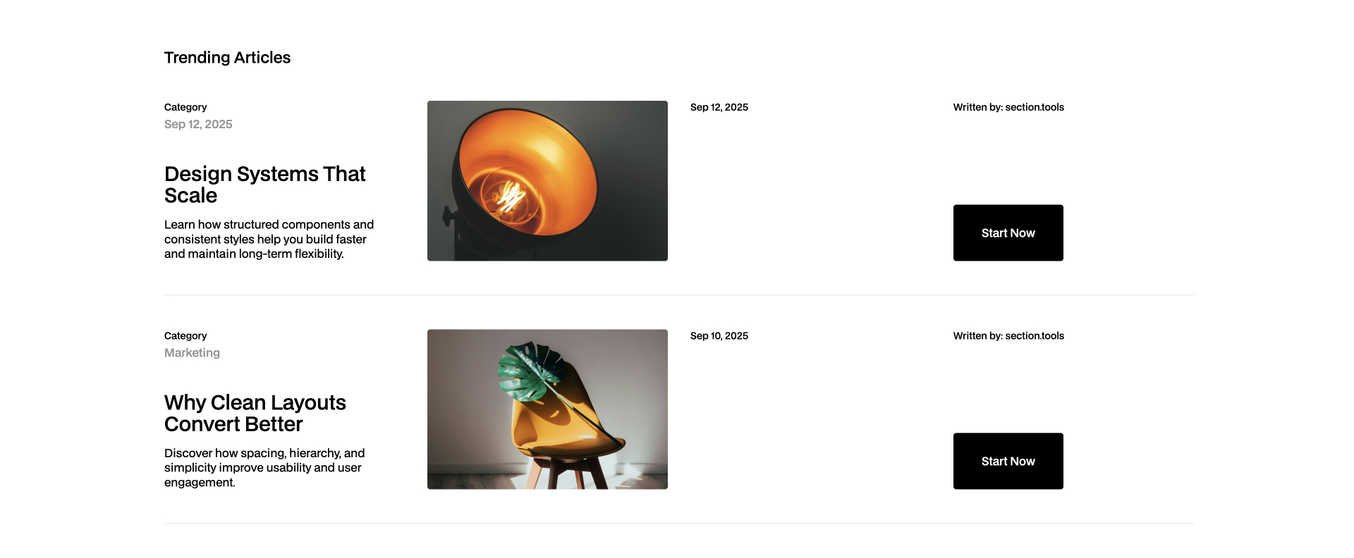 Two dark Webflow cards with image icons, title, and arrow button, highlighting fast and clean UI building